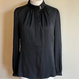 Tory Burch Silk-blend Black Blouse Gathered Neck Gold Buttons Mandarin Collar